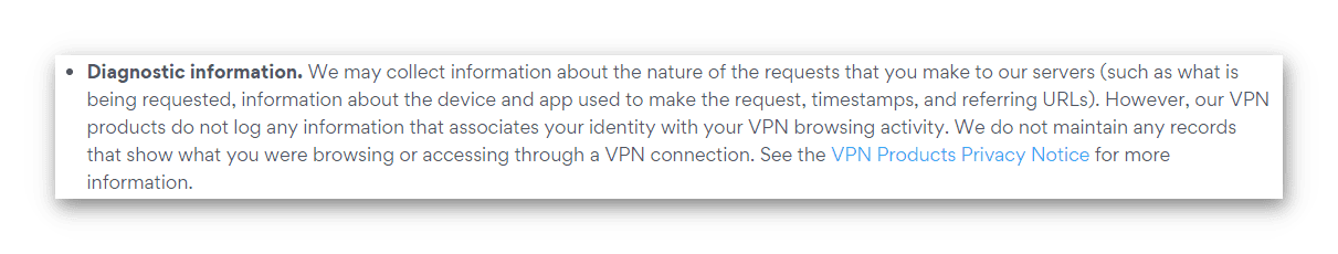 Screenshot of Hotspot Shield logging policy