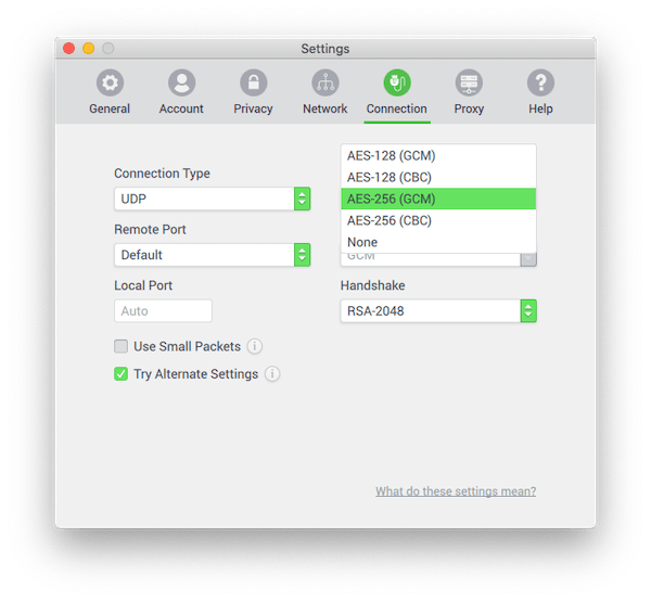 La aplicación de Private Internet Access, que muestra cómo personalizar la configuración de cifrado de la VPN.