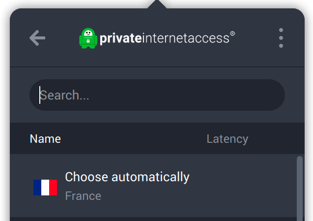 Screenshot of PIA's app, showing their 'Choose Automatically' feature which instantly connects you to the fastest VPN server.