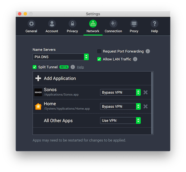 La función de túnel dividido disponible en la aplicación de Private Internet Access VPN