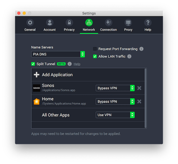 A screenshot of the split tunneling feature available in the Private Internet Access VPN app, which worked successfully in our testing. 