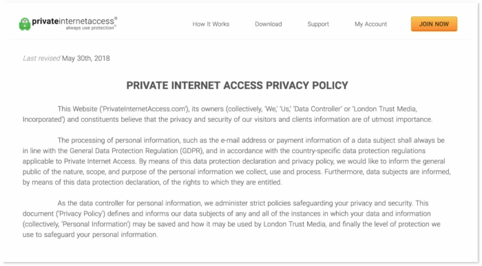 Het geverifieerde beleid zonder registratie van gegevens van Private Internet Access.