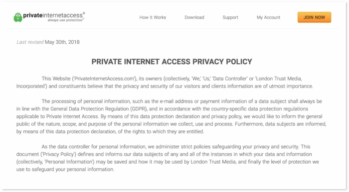 A screenshot of the verified no-logs privacy policy from Private Internet Access.