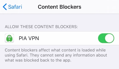 L'Adblocker di PIA su iOS.