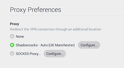 Das Bild zeigt die anpassbaren Proxy-Einstellungen, die in der PIA-App verfügbar sind, einschließlich Shadowsocks und SOCKS5.