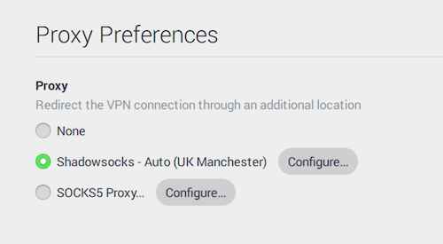 Gambar menunjukkan preferensi proksi yang dapat disesuaikan yang tersedia di aplikasi PIA, termasuk Shadowsocks dan SOCKS5.