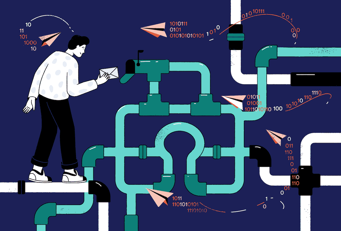 illustration of a man putting a message into a secure network of pipes, protecting it from the unprotected data outside of the pipes
