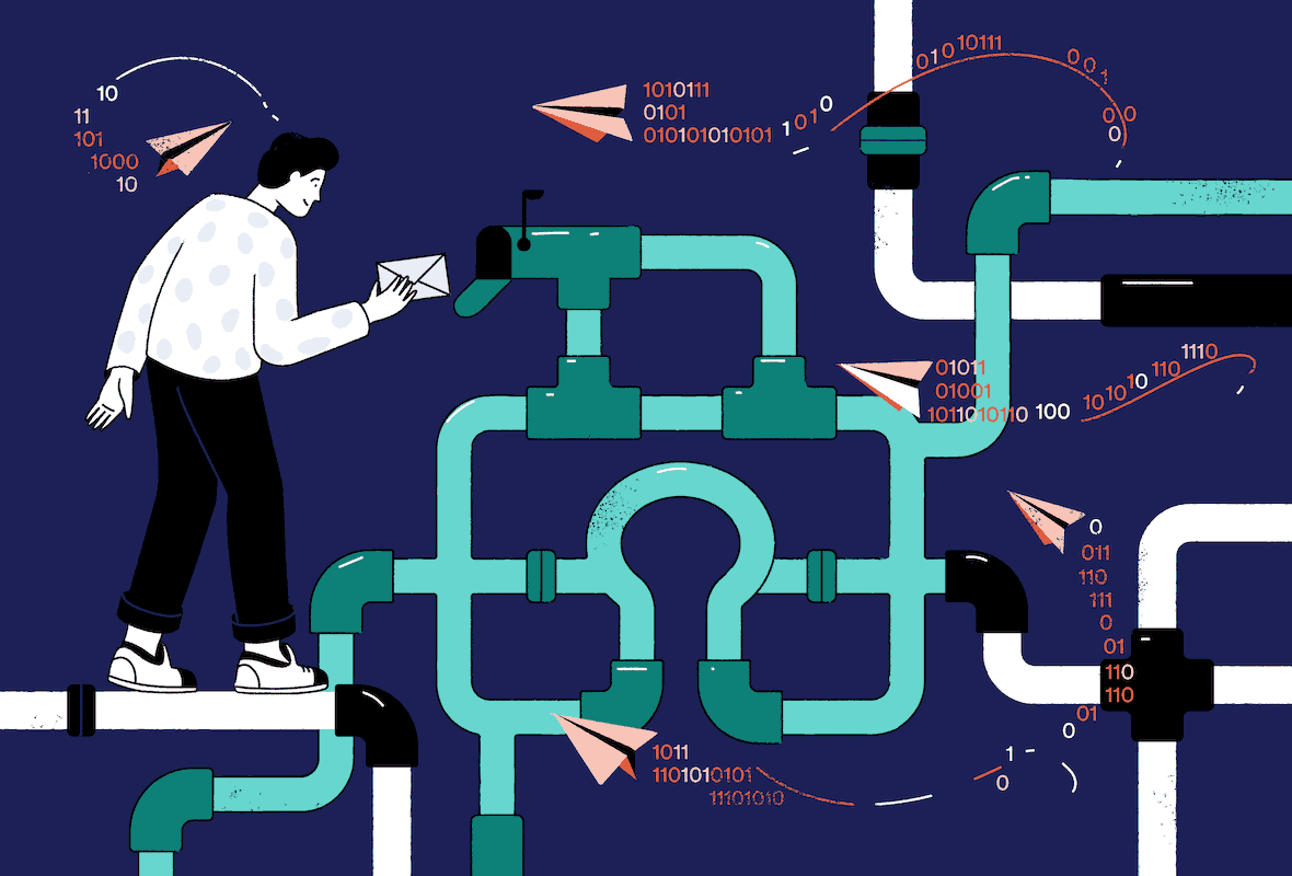 Ilustracja przedstawiająca mężczyznę, który umieszcza wiadomość w sieci bezpiecznych rur chroniącej przed niezabezpieczonymi danymi poza rurociągiem.