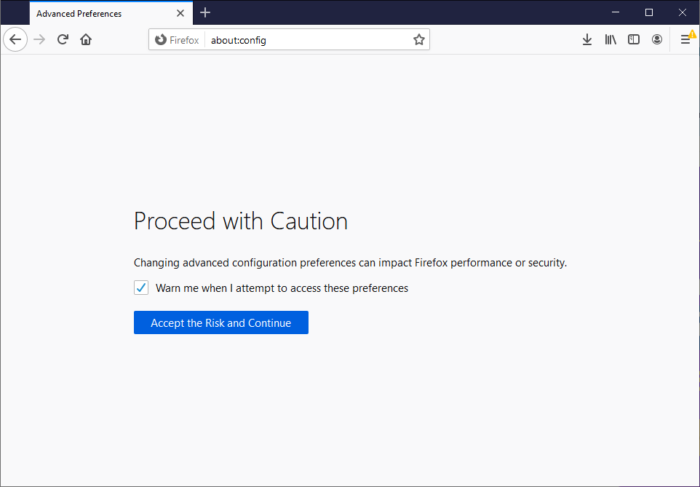 Screenshot of about:config, entered into the Firefox search bar