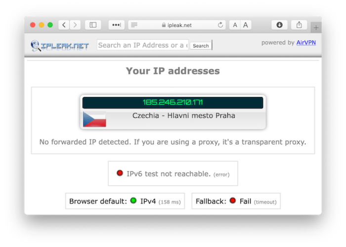 HMA's IP leak test, showing the VPN didn't leak our true IP address.
