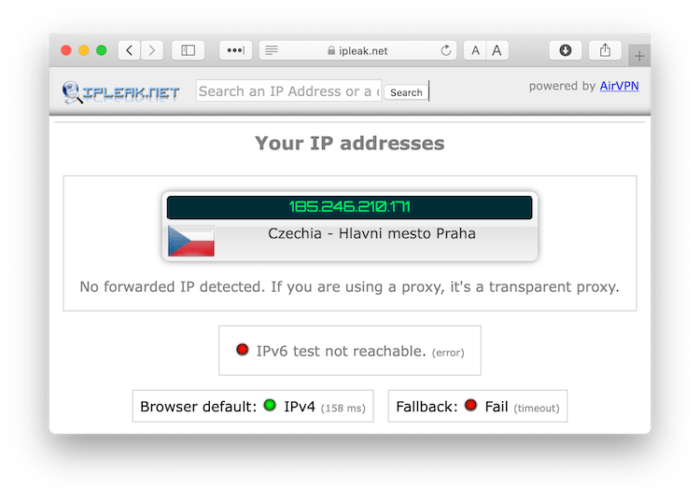 La prueba de fuga de IP de HMA que demuestra que no se filtró nuestra verdadera dirección IP.