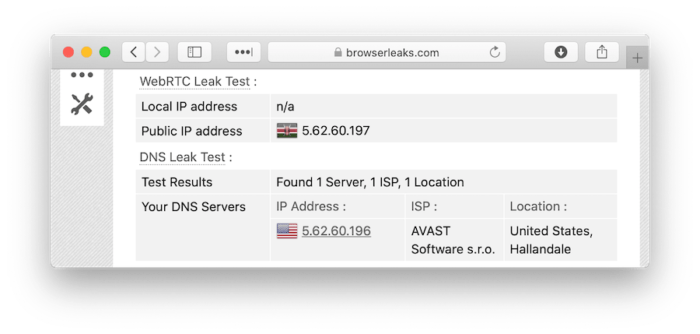 IP leak test showing HideMyAss using virtual VPN server locations.