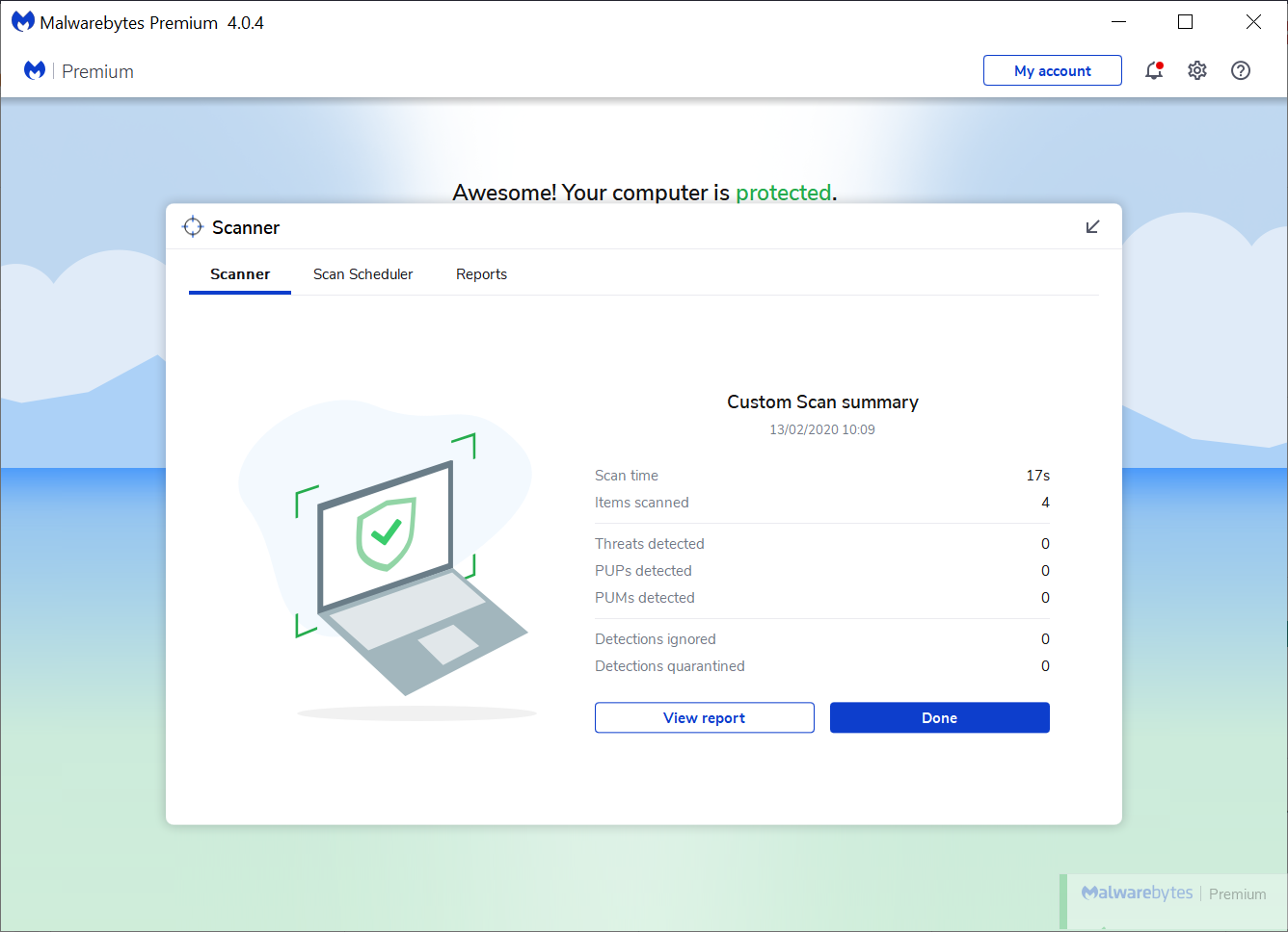 Captura de pantalla del escaneo de VyprVPN con Malwarebytes
