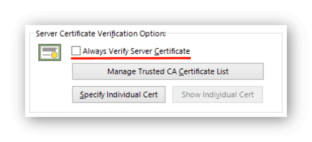 Los ajustes por defecto no incluyen verificación del certificado del servidor.