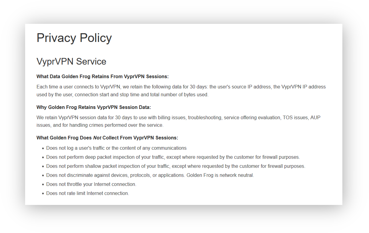 Screenshot of the old VyprVPN logging policy