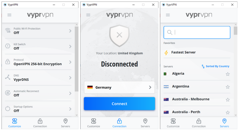 Screenshots of the VyprVPN windows app