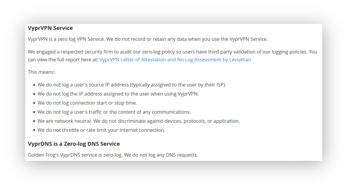 Zrzut ekranu polityki rejestrowania danych usługi VyprVPN