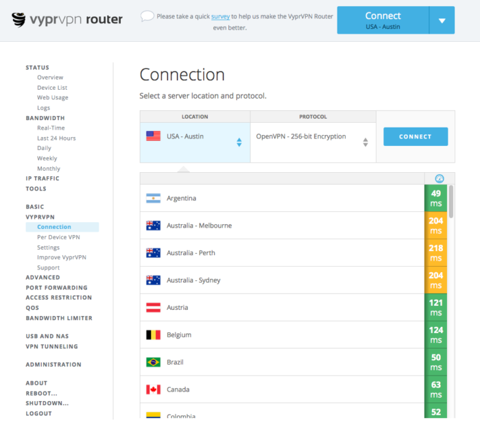 zrzut ekranu aplikacji VyprVPN na router