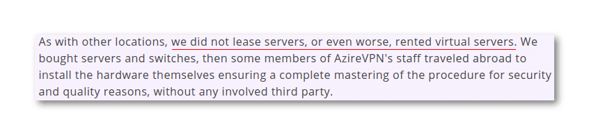 a screenshot of AzireVPN's website where they claim to never rent virtual servers