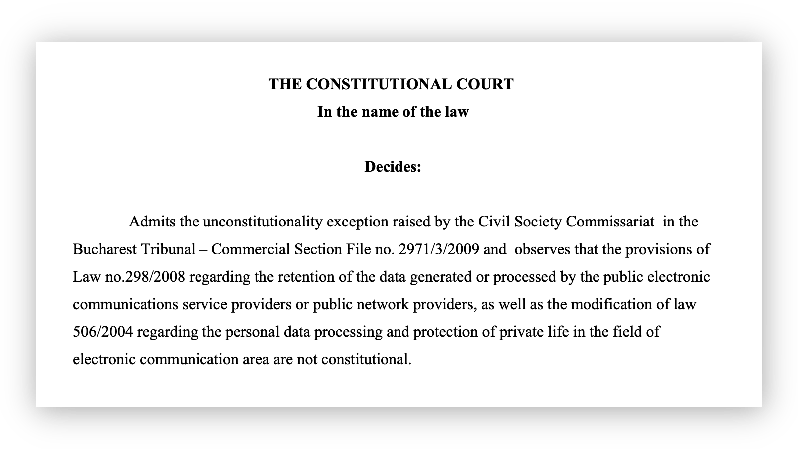 Screenshot of the Constitutional Court of Romania’s (CCR) decision
