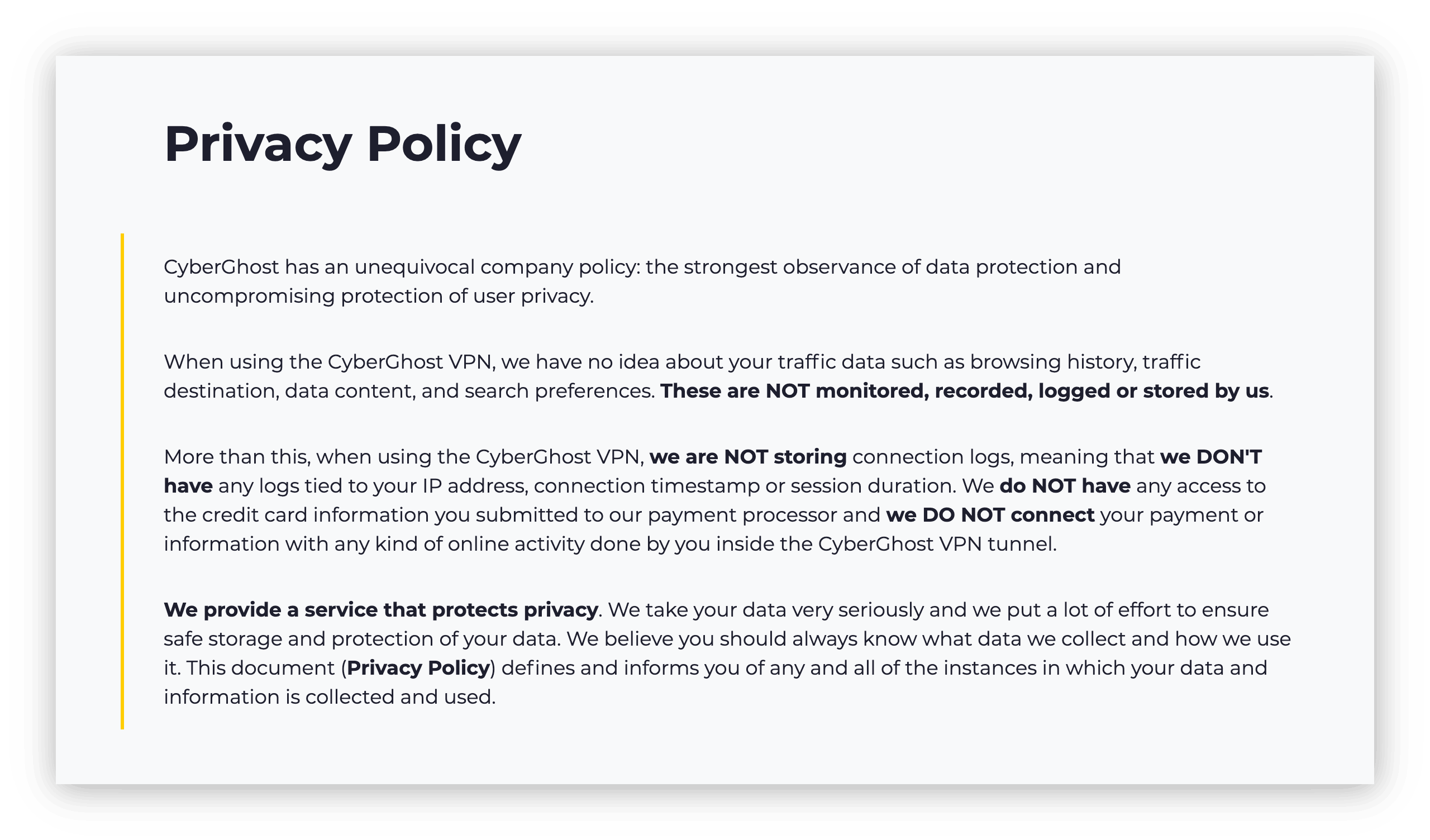 Captura de tela da política de privacidade do CyberGhost
