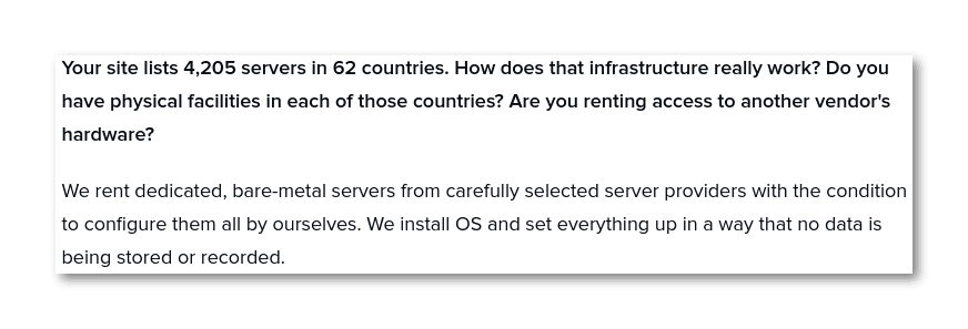 screenshot of a interview with NordVPN where they discuss their process for rented bare metal servers