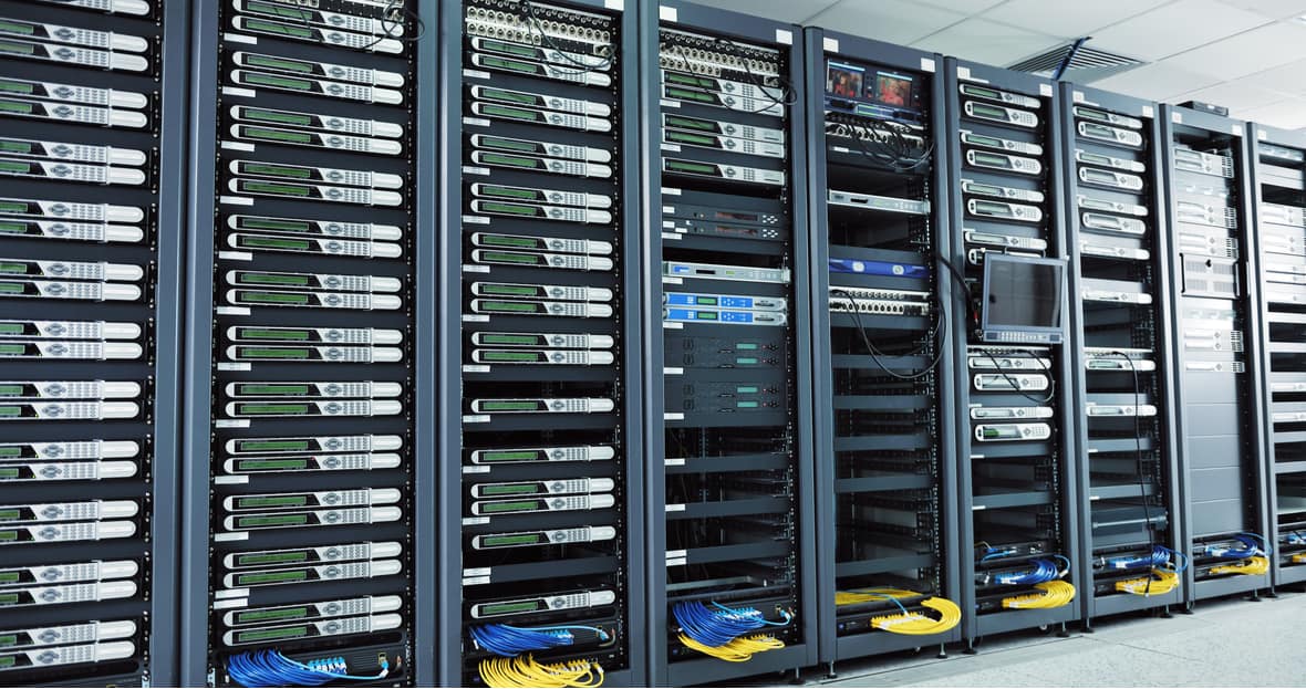 photo of physical servers stored in racks in data centers