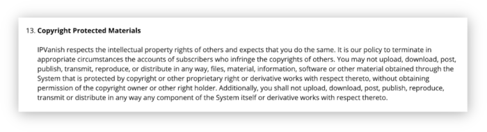 Termini di servizio di IPVanish che vietano il Torrenting di materiale protetto da copyright