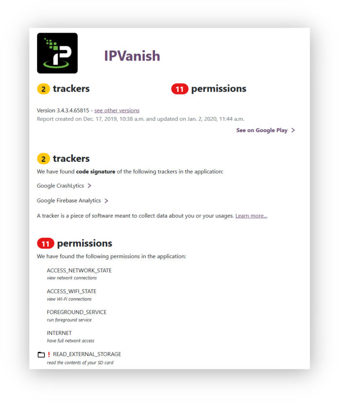 IPVanish exodus permissions and trackers scan