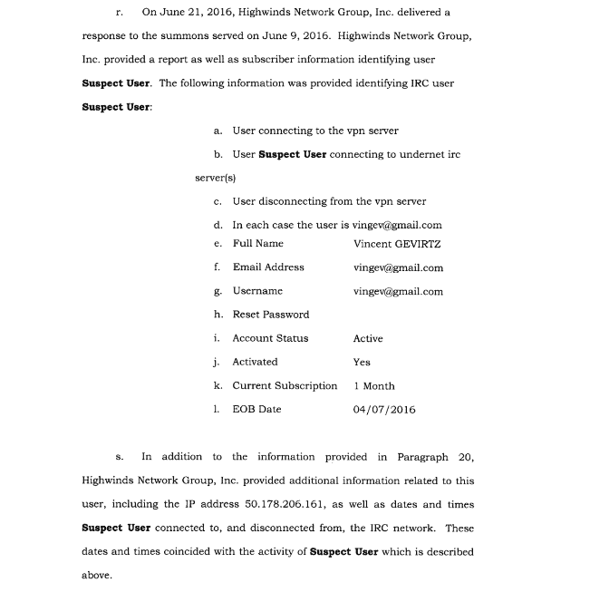 Captura de pantalla de la declaración jurada de IPVanish al FBI