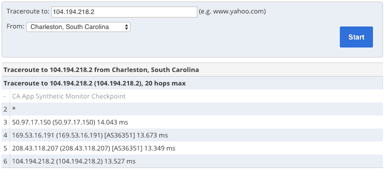 a traceroute test from a monitoring station Charleston, South Carolina