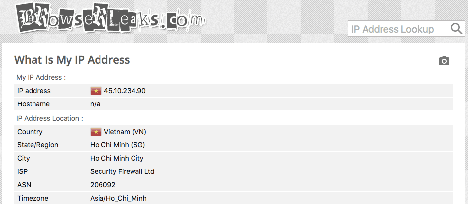 browerleaks.com screenshot showing ExpressVPN's Vietnam server's IP address