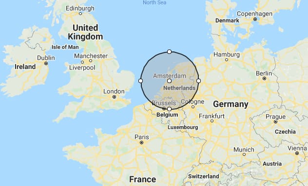 a map plotting an 177km radius around Amsterdam, Netherlands