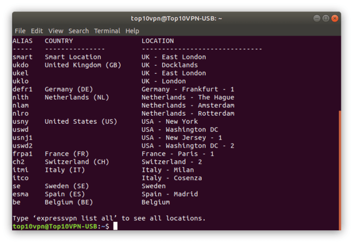 How it looks choosing a server with ExpressVPN on Linux