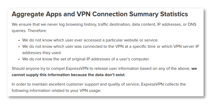 Um trecho da política de registro da ExpressVPN