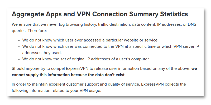 An excerpt from ExpressVPN's logging policy