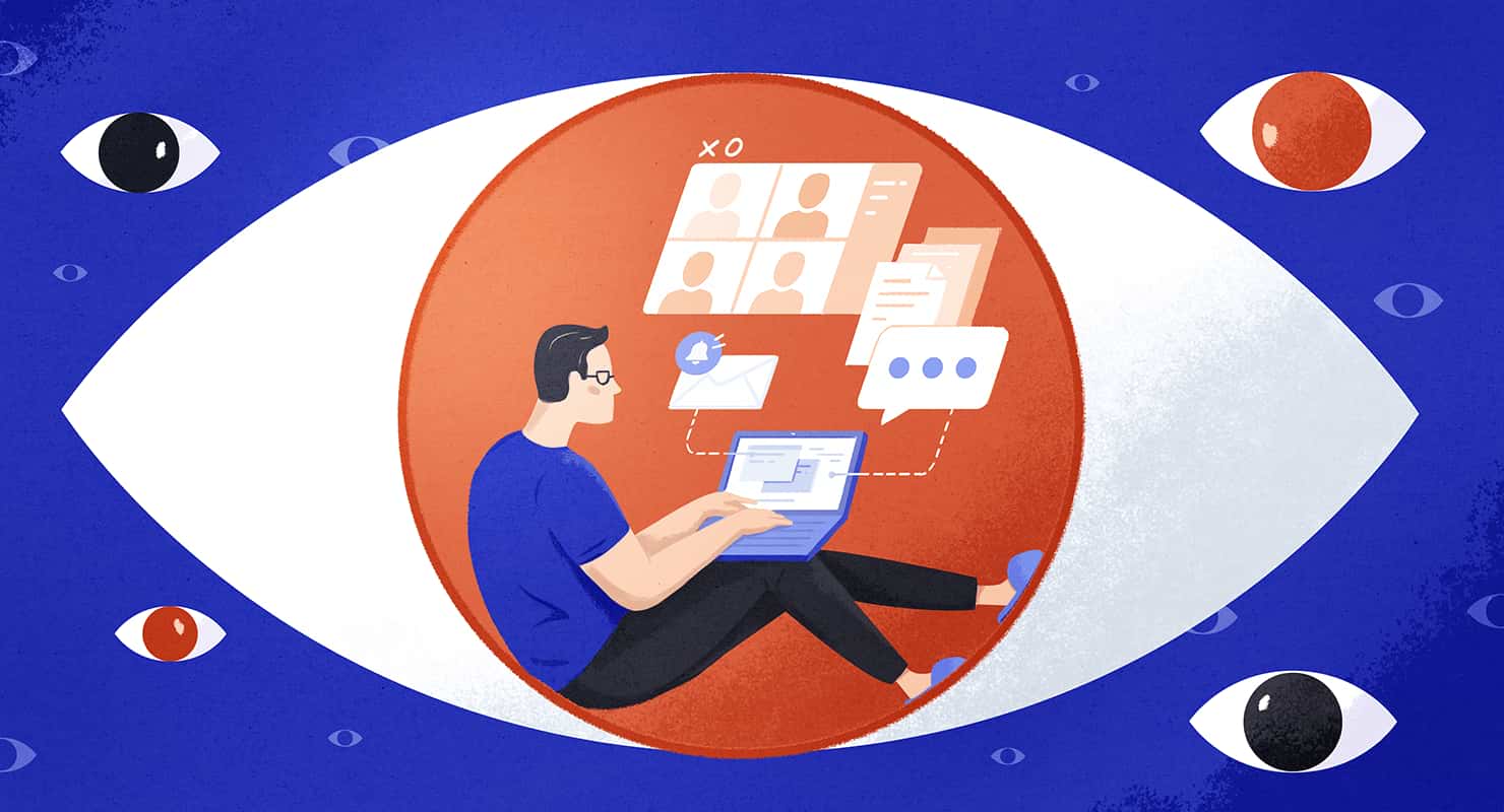 Employee Surveillance Software Demand Tracker header illustration of a man working on a latop