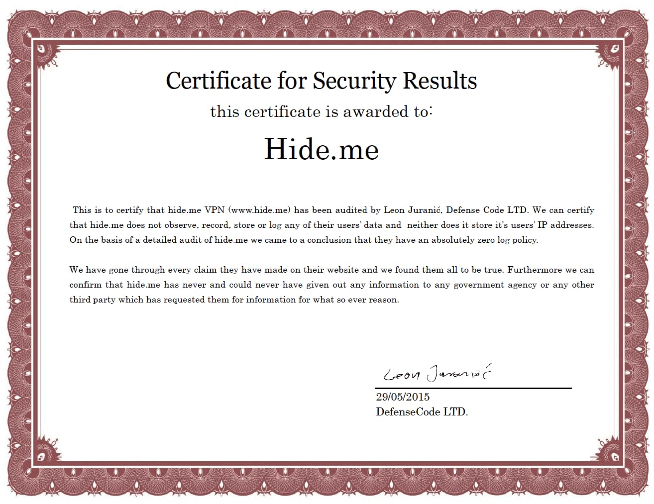 Le certificat d'audit de Hide.me décerné par DefenseCode Ltd