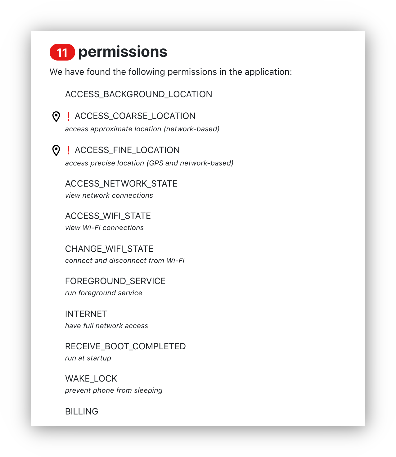 Os resultados de uma análise de permissões de um aplicativo Android. A IP Vanish requer 11 permissões, um volume maior do que o usual.