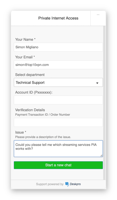 Screenshot of the verification stage of Private Internet Access' customer service.