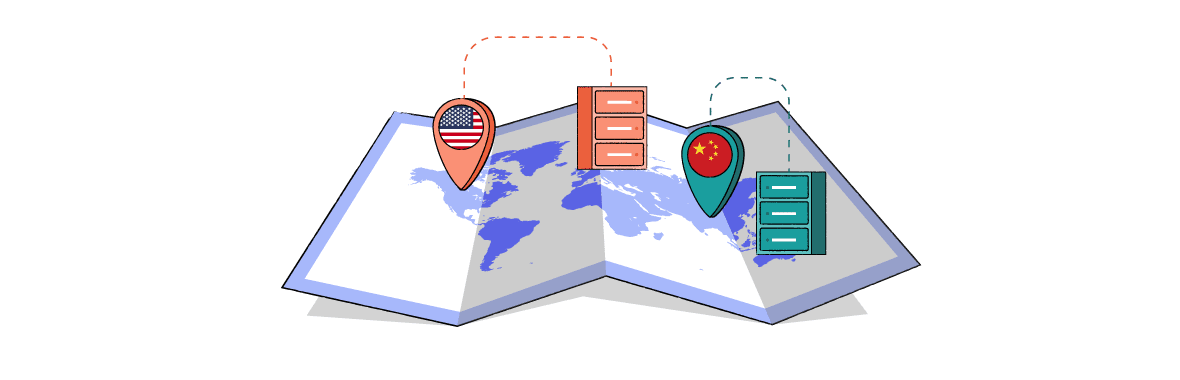 illustration of a map showing servers in a different location to where their IP address is registered