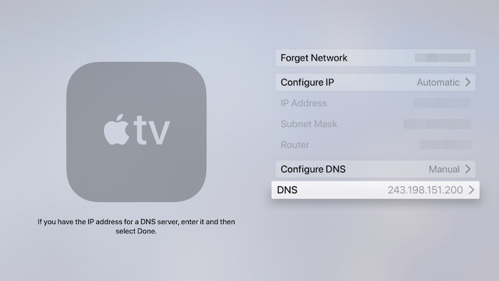 Cómo configurar manualmente Smart DNS en una Apple TV, lo que te permite acceder a Netflix Estados Unidos directamente en el dispositivo.