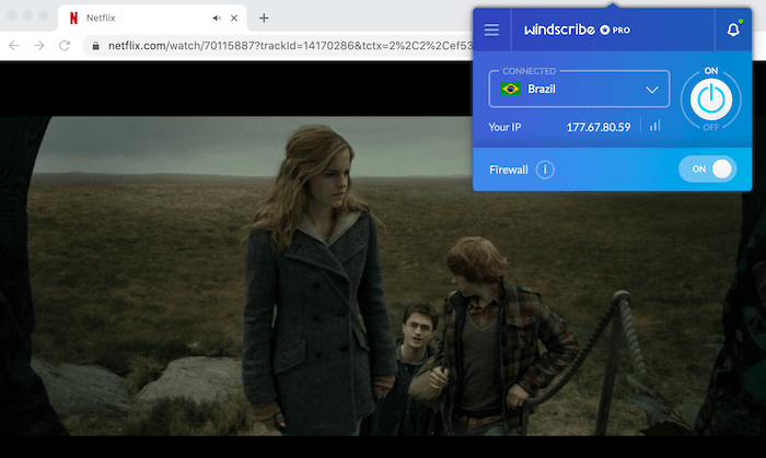Netflix 上哈利波特电影的屏幕截图，通过 Windscribe 的巴西 VPN 服务器访问。