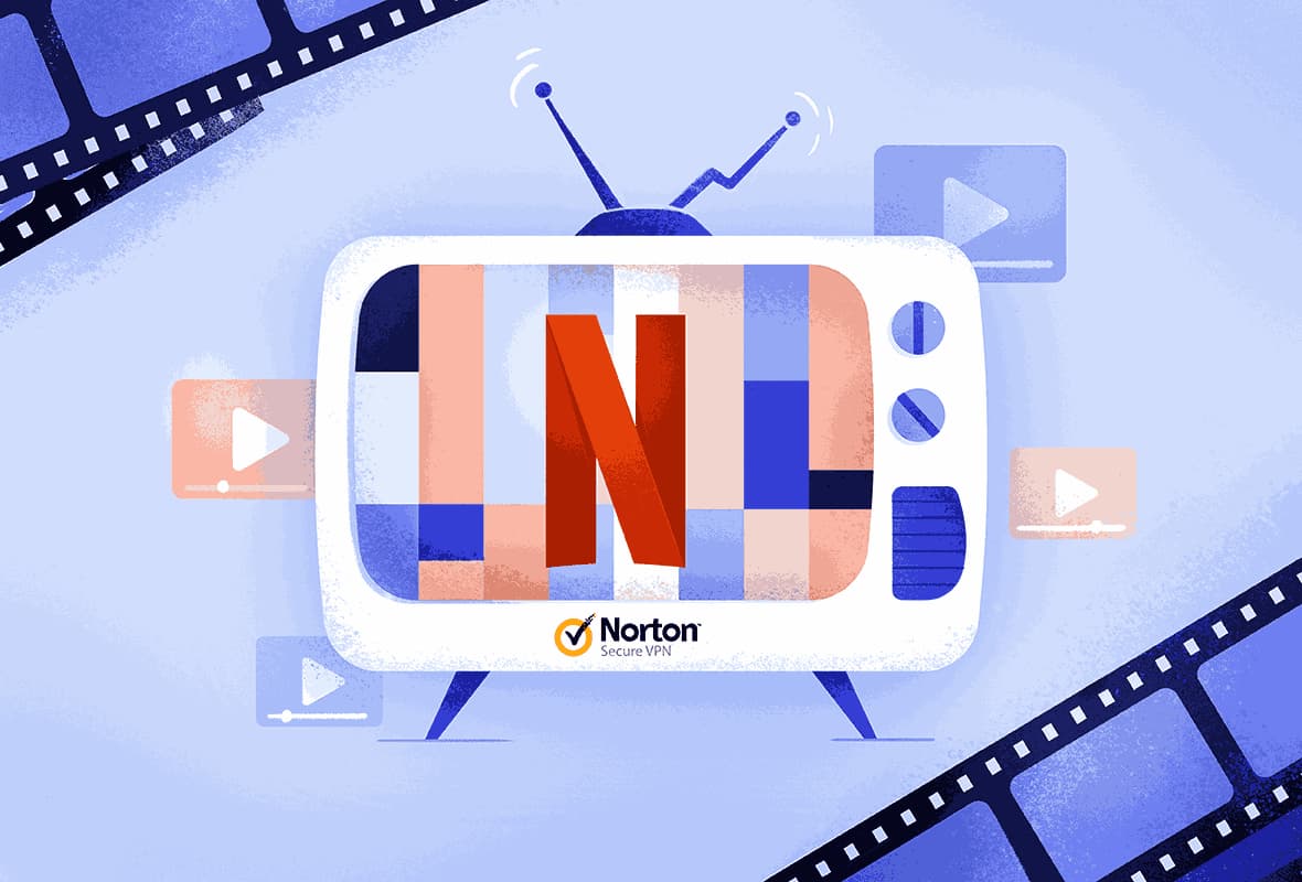 Ilustración de un televisor marcado con el logotipo de Norton Secure VPN, que lucha por cargar Netflix