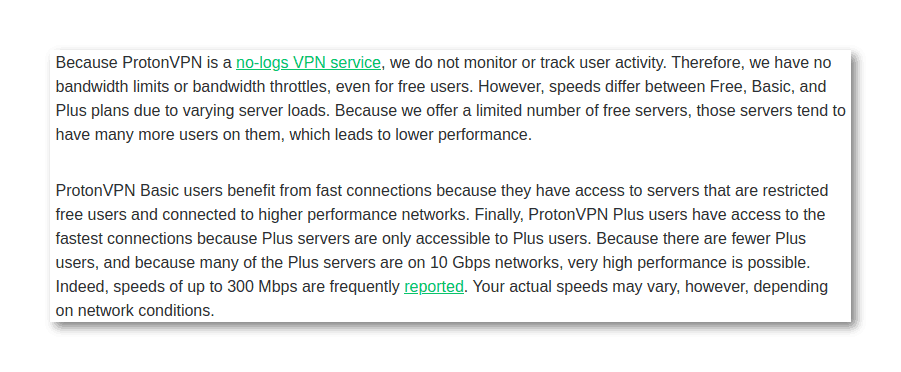 Proton VPN explaining each subscription plans has different speeds