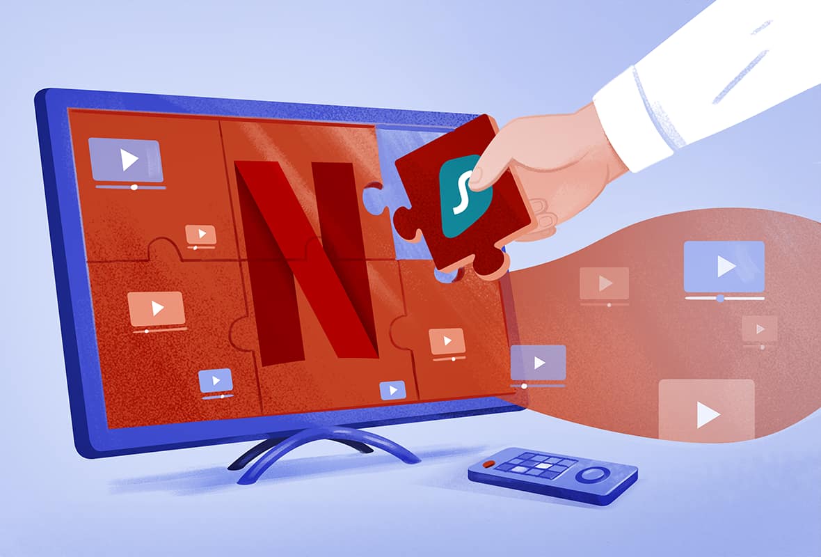 Illustration d'un homme remplissant la dernière pièce d'un puzzle Netflix avec une pièce marquée avec le logo VPN de surfshark