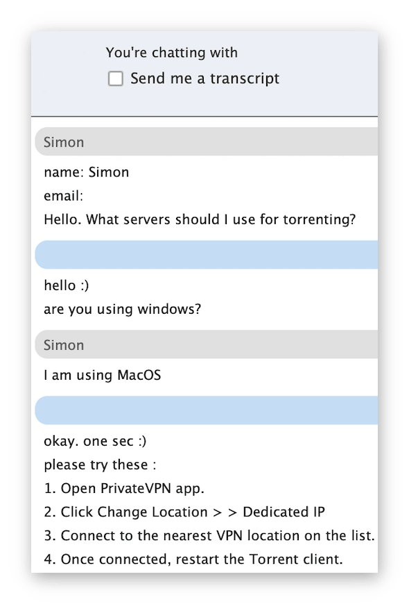 Immagine di una conversazione con la chat dell’assistenza clienti di PrivateVPN