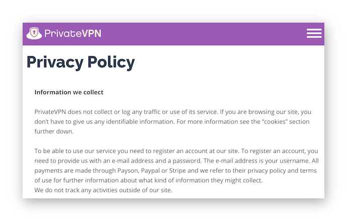 Estratto dell’Informativa privacy di PrivateVPN in relazione alla politica no log