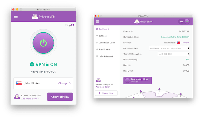 The PrivateVPN application in simple and advanced modes