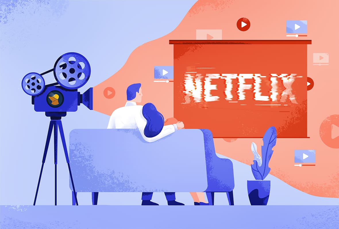 Un proyector con el logotipo de Mullvad VPN proyecta un logotipo distorsionado de Netflix en una pantalla mientras se observa una pareja de observación